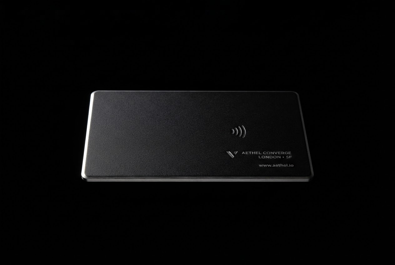 Premium matte black NFC business card floating in a void